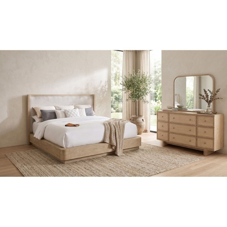 English Elm Malani Queen Platform Bedroom Set Oak Veneer Wingback Headboard Antique Brass B2777S00483