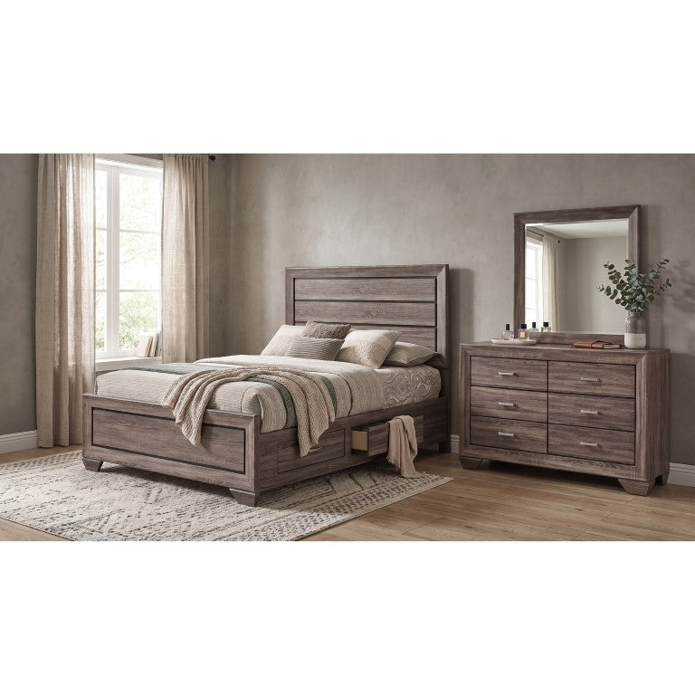 English Elm Brennan Queen Storage Bed Six Drawer Dresser Mirror Set Oak Grain Washed Taupe B2777S00486
