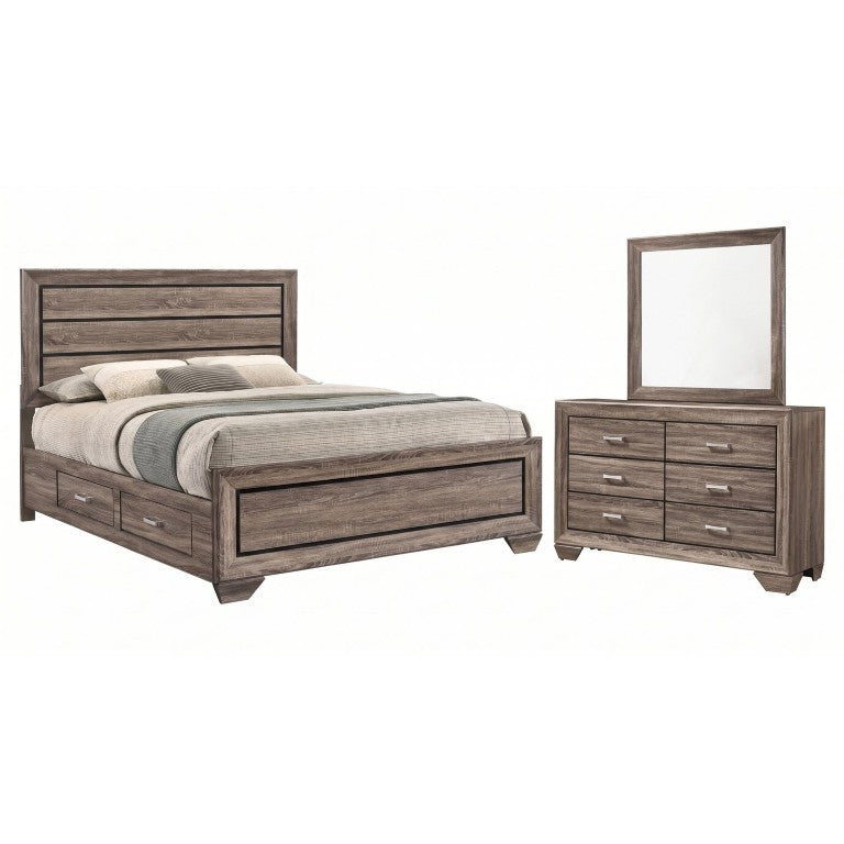 English Elm Brennan Queen Storage Bed Six Drawer Dresser Mirror Set Oak Grain Washed Taupe B2777S00486