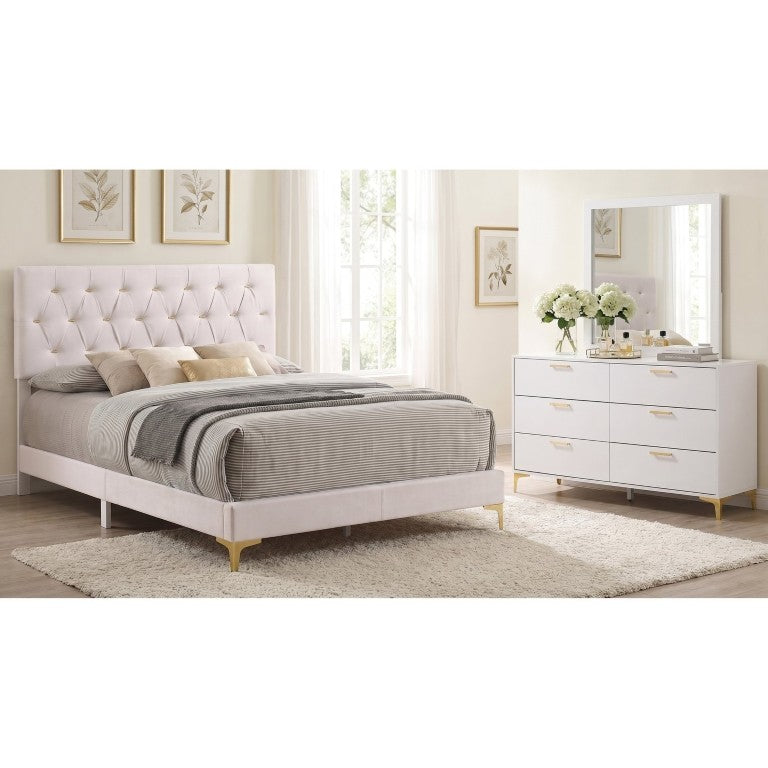 English Elm Harlow Queen Bedroom Set Tufted Leatherette Bed Dresser Mirror in White Gold B2777S00492