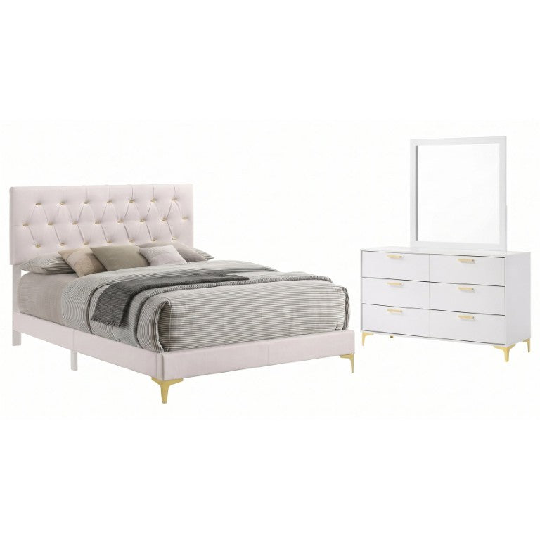 English Elm Harlow Queen Bedroom Set Tufted Leatherette Bed Dresser Mirror in White Gold B2777S00492