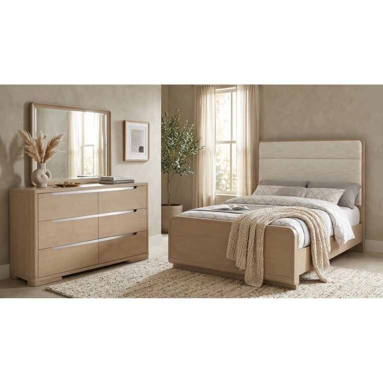 English Elm Serrano Queen Bedroom Set with Boucle Headboard Elm Finish and Six Drawer Dresser B2777S00494