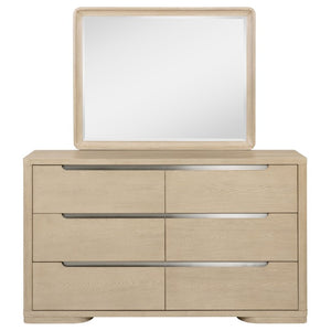 English Elm Serrano Queen Bedroom Set with Boucle Headboard Elm Finish and Six Drawer Dresser B2777S00494
