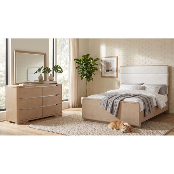 English Elm Serrano Queen Bedroom Set with Boucle Headboard Elm Finish and Six Drawer Dresser B2777S00494