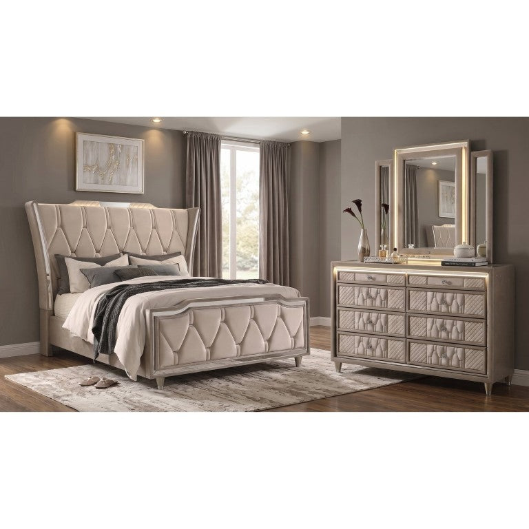English Elm Provence Velvet Queen Bedroom Set with LED Lighting Crystal Hardware Wingback Bed B2777S00499