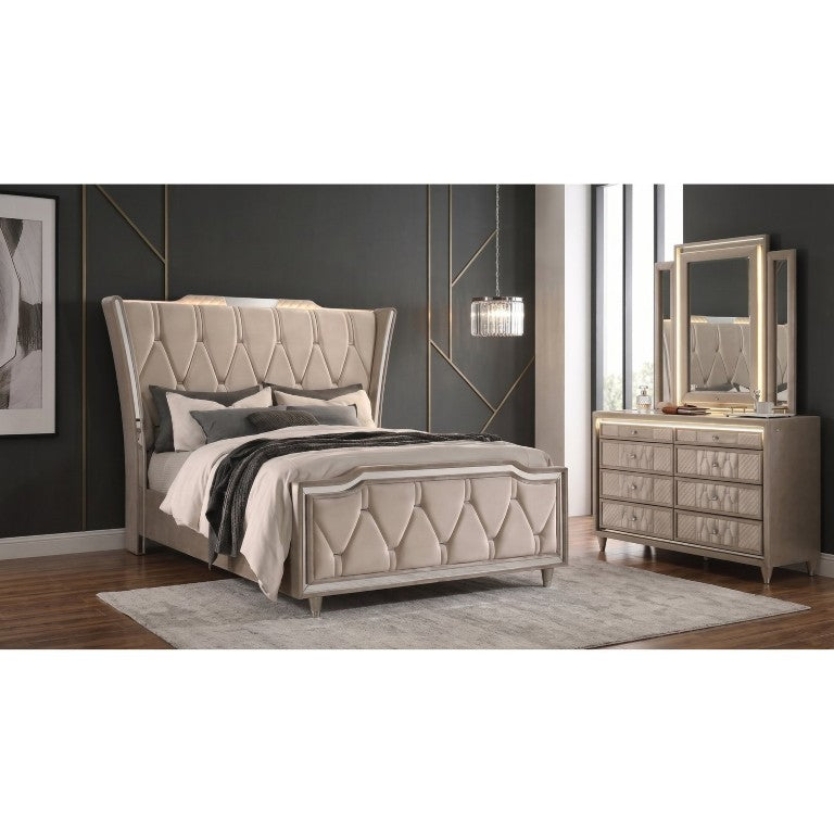 English Elm Provence Velvet Queen Bedroom Set with LED Lighting Crystal Hardware Wingback Bed B2777S00499
