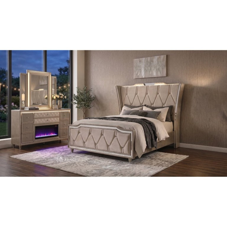 English Elm Provence Queen Bedroom Set Velvet Wingback Bed LED Dresser Mirror Glam Suite B2777S00500