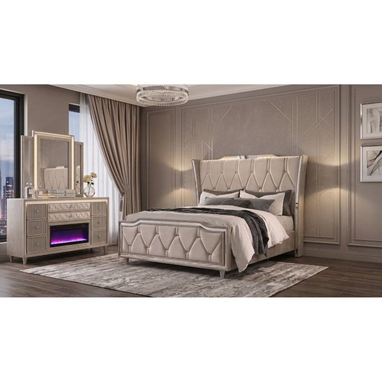 English Elm Provence Queen Bedroom Set Velvet Wingback Bed LED Dresser Mirror Glam Suite B2777S00500