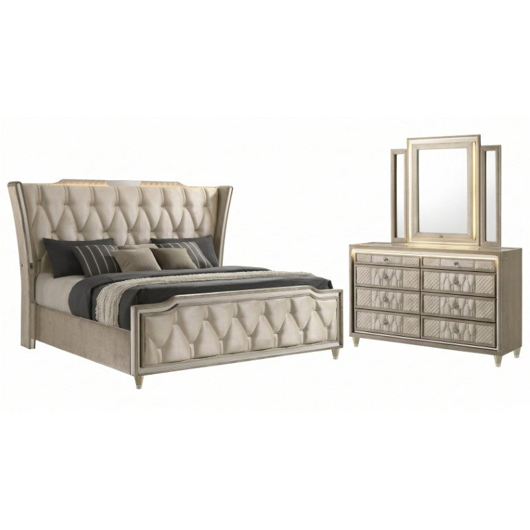 English Elm Provence Velvet Tufted Wingback Bedroom Set with LED Lighting and Crystal Hardware B2777S00501