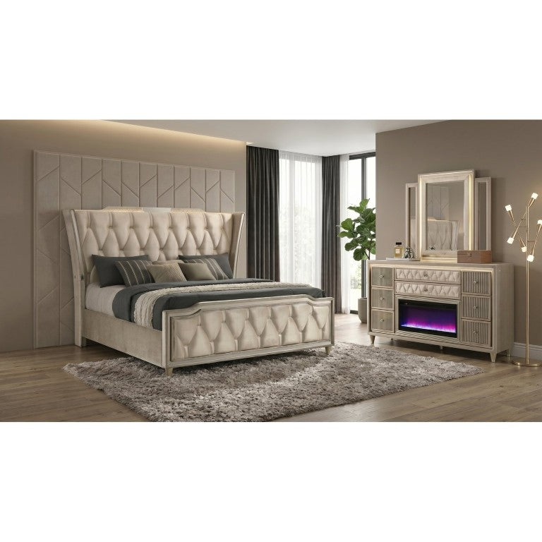 English Elm Provence Velvet Wingback Eastern King Bedroom Set with LED Lighting and Flame Dresser B2777S00502