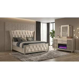English Elm Provence Velvet Wingback Eastern King Bedroom Set with LED Lighting and Flame Dresser B2777S00502