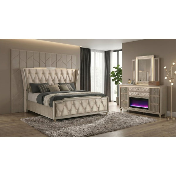 English Elm Provence Velvet Wingback Eastern King Bedroom Set with LED Lighting and Flame Dresser B2777S00502