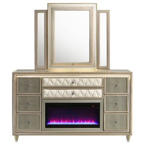 English Elm Provence Velvet Wingback Eastern King Bedroom Set with LED Lighting and Flame Dresser B2777S00502