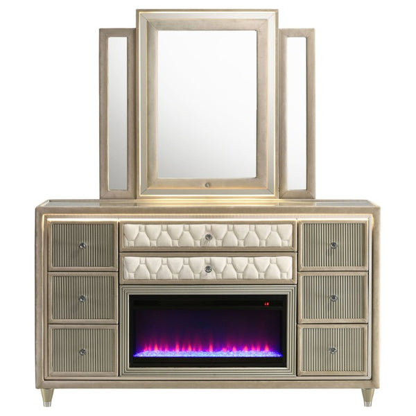 English Elm Provence Velvet Wingback Eastern King Bedroom Set with LED Lighting and Flame Dresser B2777S00502