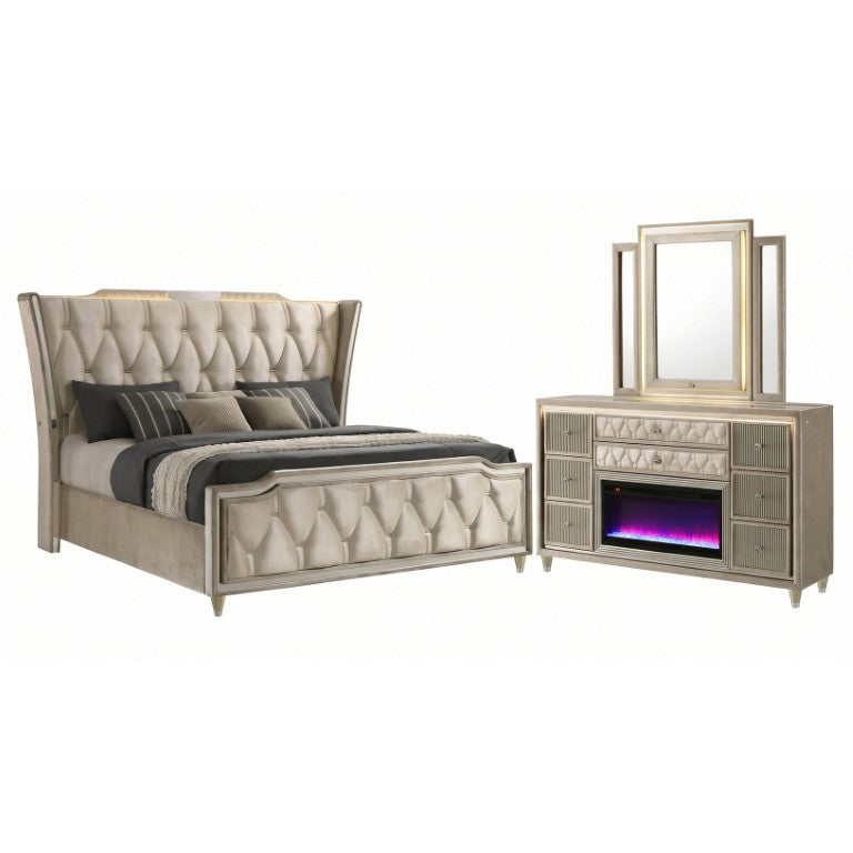 English Elm Provence Velvet Wingback Eastern King Bedroom Set with LED Lighting and Flame Dresser B2777S00502
