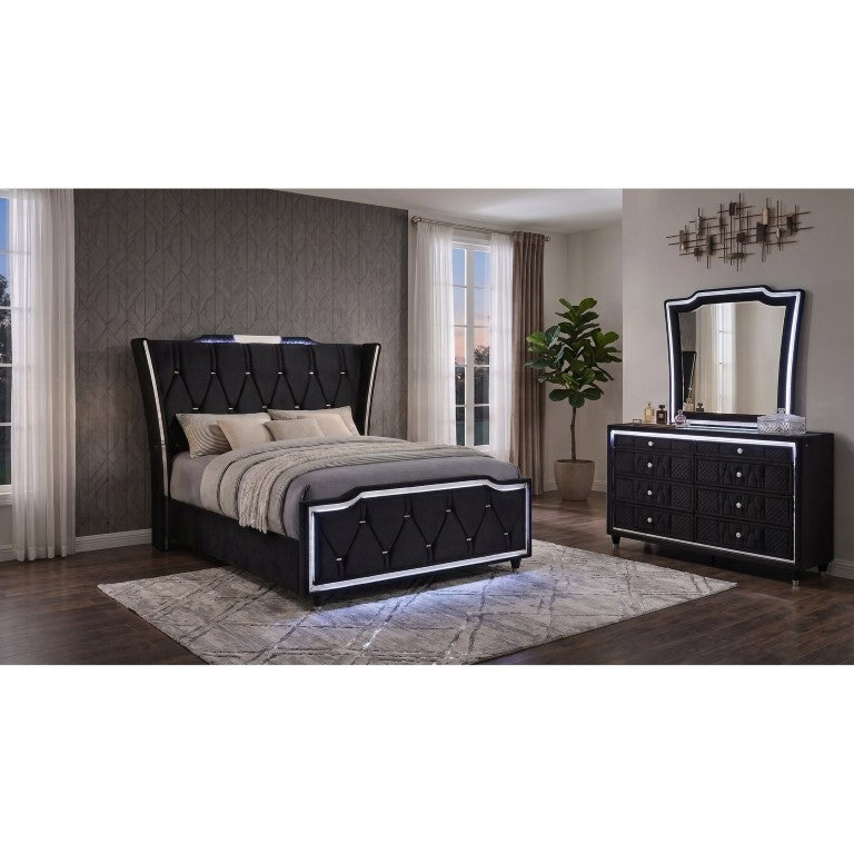 English Elm Provence Queen Bedroom Set Black Velvet Wingback Bed with LED Lighting and Dresser B2777S00503