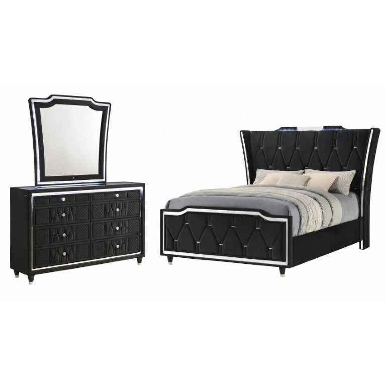 English Elm Provence Queen Bedroom Set Black Velvet Wingback Bed with LED Lighting and Dresser B2777S00503