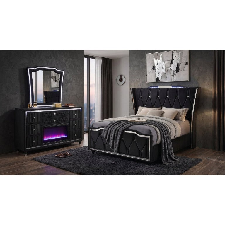 English Elm Provence Queen Velvet Wingback Bedroom Set with LED Lighting and Flame Visualizer B2777S00504