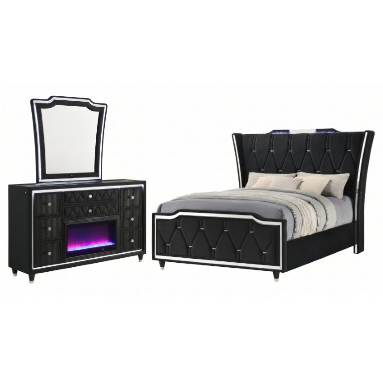 English Elm Provence Queen Velvet Wingback Bedroom Set with LED Lighting and Flame Visualizer B2777S00504
