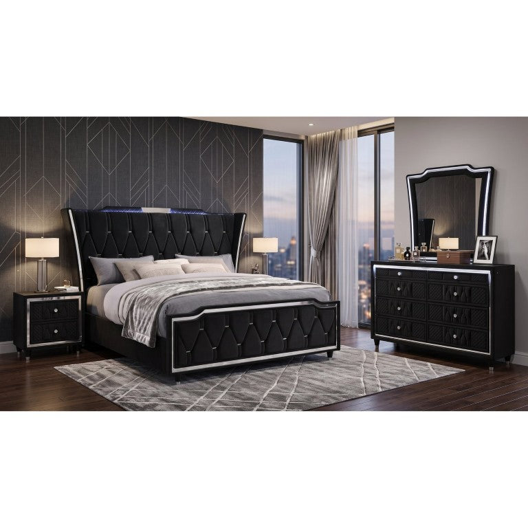 English Elm Provence Black Velvet Eastern King Bedroom Set with LED Crown Lighting and Crystal Hardware B2777S00505