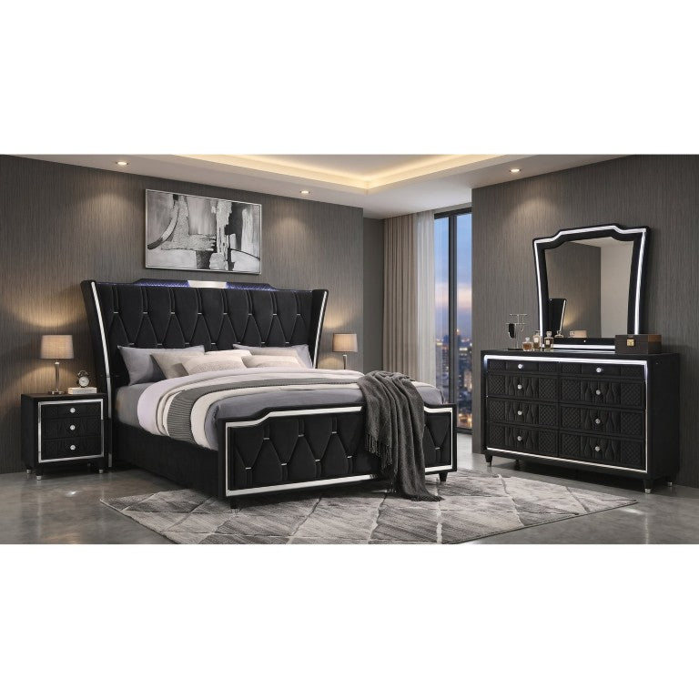 English Elm Provence Black Velvet Eastern King Bedroom Set with LED Crown Lighting and Crystal Hardware B2777S00505