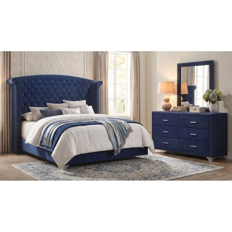 English Elm Harmony Velvet Wingback Eastern King Bedroom Set with Chrome Accents and Button Tufting B2777S00516