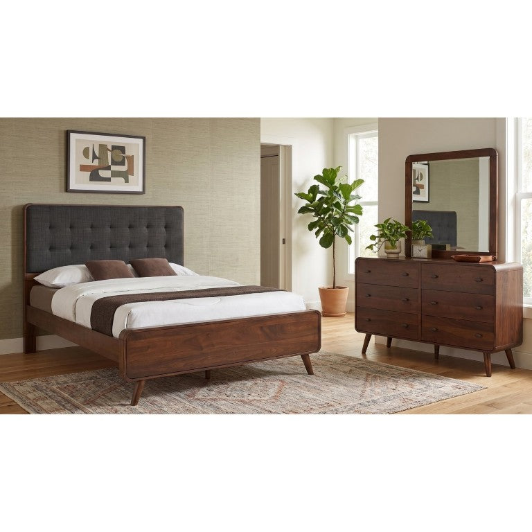 English Elm Wren Mid-Century Queen Bedroom Set with Tufted Headboard and Walnut Veneer Finish B2777S00528
