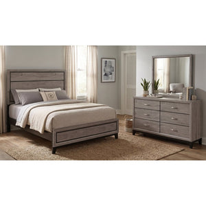 English Elm Sutter Queen Panel Bed Set with Six Drawer Dresser and Mirror in Light Taupe B2777S00530