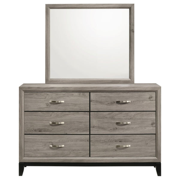 English Elm Sutter Queen Panel Bed Set with Six Drawer Dresser and Mirror in Light Taupe B2777S00530