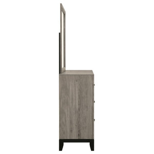 English Elm Sutter Queen Panel Bed Set with Six Drawer Dresser and Mirror in Light Taupe B2777S00530
