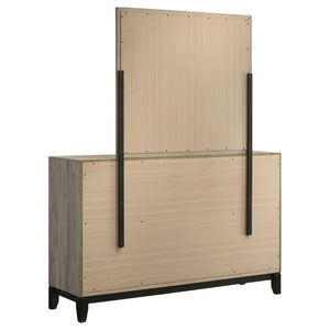 English Elm Sutter Queen Panel Bed Set with Six Drawer Dresser and Mirror in Light Taupe B2777S00530