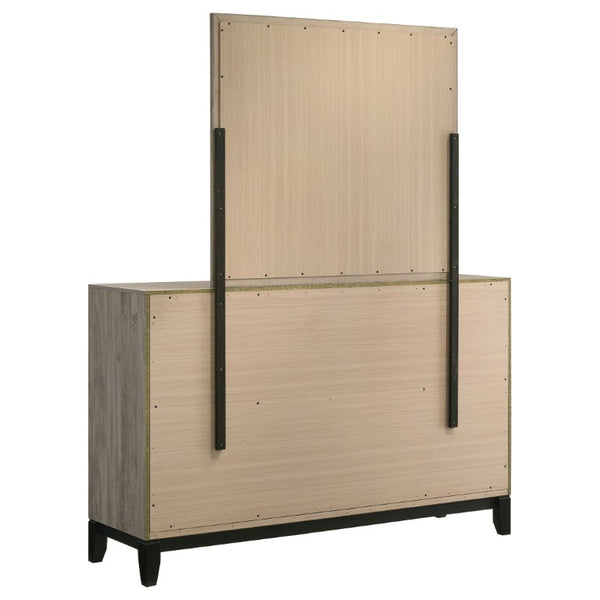 English Elm Sutter Queen Panel Bed Set with Six Drawer Dresser and Mirror in Light Taupe B2777S00530