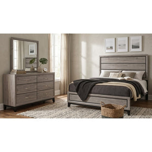 English Elm Sutter Queen Panel Bed Set with Six Drawer Dresser and Mirror in Light Taupe B2777S00530