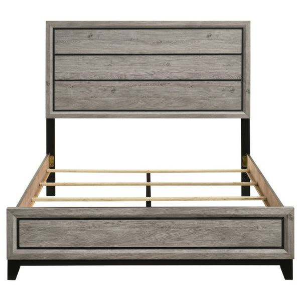 English Elm Sutter Queen Panel Bed Set with Six Drawer Dresser and Mirror in Light Taupe B2777S00530