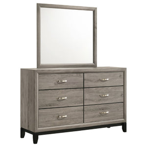 English Elm Sutter Queen Panel Bed Set with Six Drawer Dresser and Mirror in Light Taupe B2777S00530