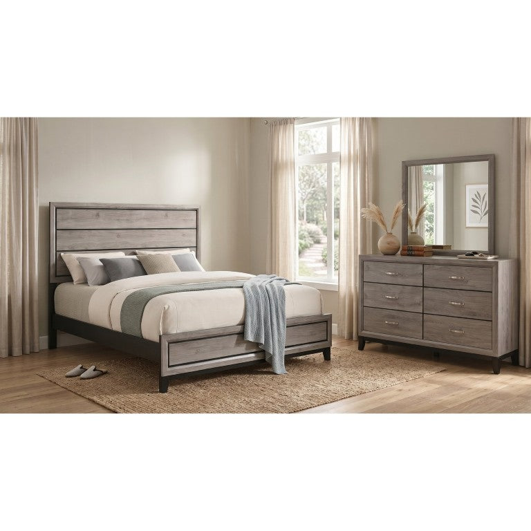 English Elm Sutter Eastern King Bedroom Set with Grooved Panel Bed Dresser and Mirror in Taupe B2777S00531