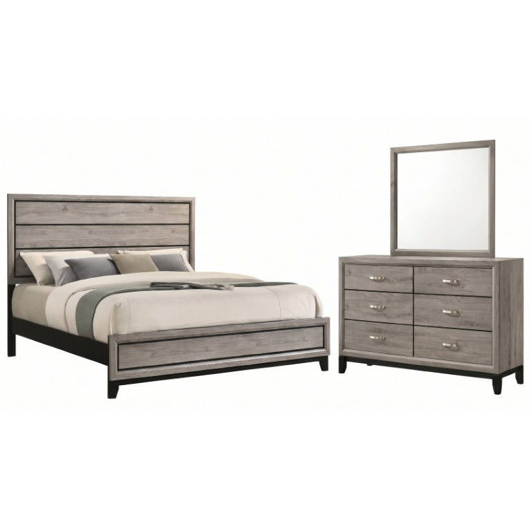 English Elm Sutter Eastern King Bedroom Set with Grooved Panel Bed Dresser and Mirror in Taupe B2777S00531
