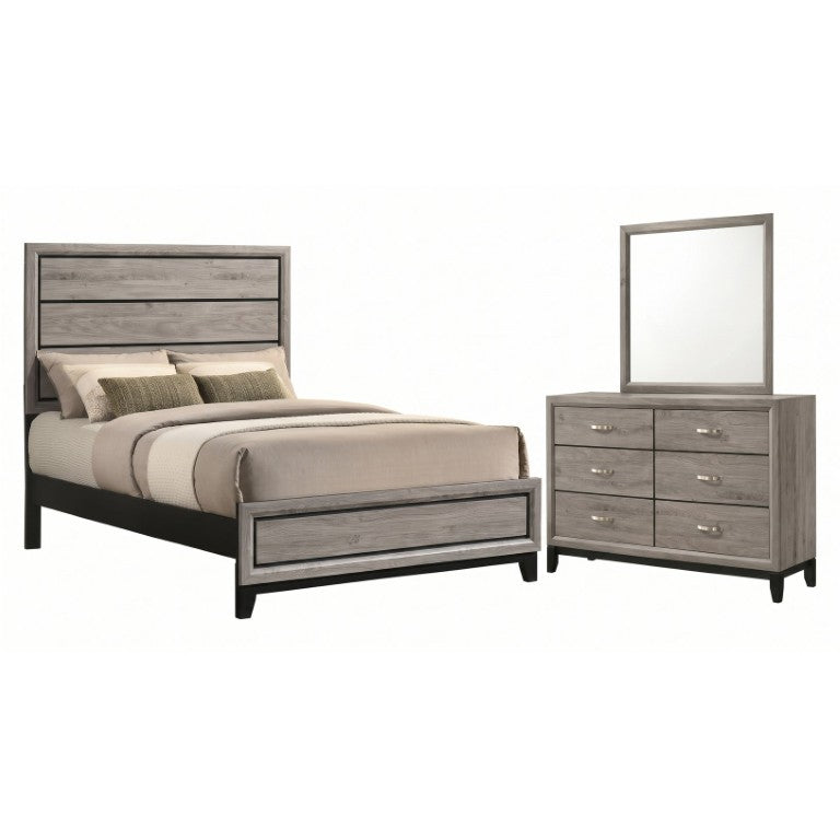 English Elm Sutter Taupe Panel Bedroom Set with Six Drawer Dresser and Wall Mounted Mirror B2777S00532