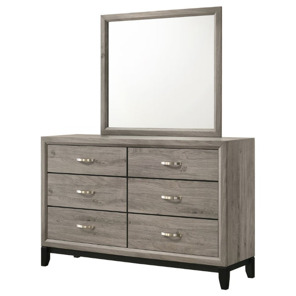 English Elm Sutter Taupe Panel Bedroom Set with Six Drawer Dresser and Wall Mounted Mirror B2777S00532