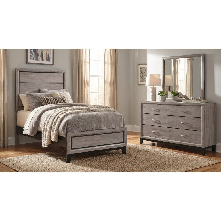 English Elm Sutter Twin Panel Bed Dresser and Mirror Set with Groove Detail in Light Taupe B2777S00533