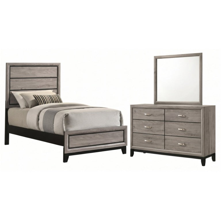 English Elm Sutter Twin Panel Bed Dresser and Mirror Set with Groove Detail in Light Taupe B2777S00533