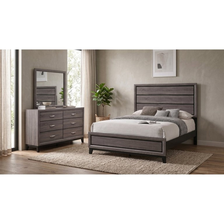 English Elm Sutter Queen Panel Bed Set with Six Drawer Dresser in Grey Oak and Black Finish B2777S00534