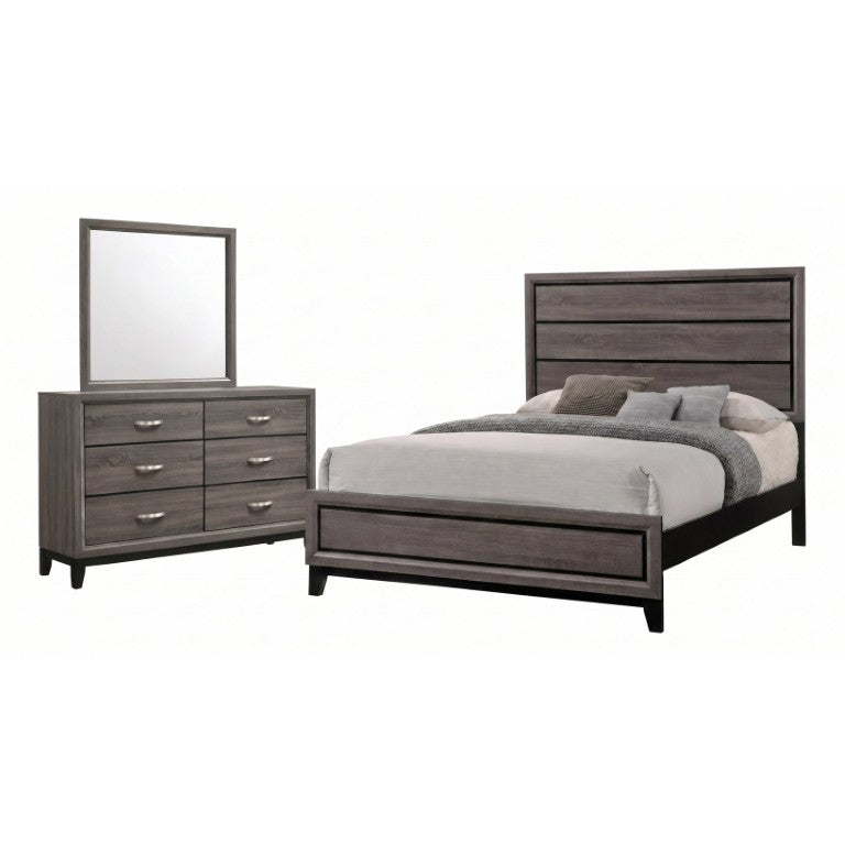 English Elm Sutter Queen Panel Bed Set with Six Drawer Dresser in Grey Oak and Black Finish B2777S00534