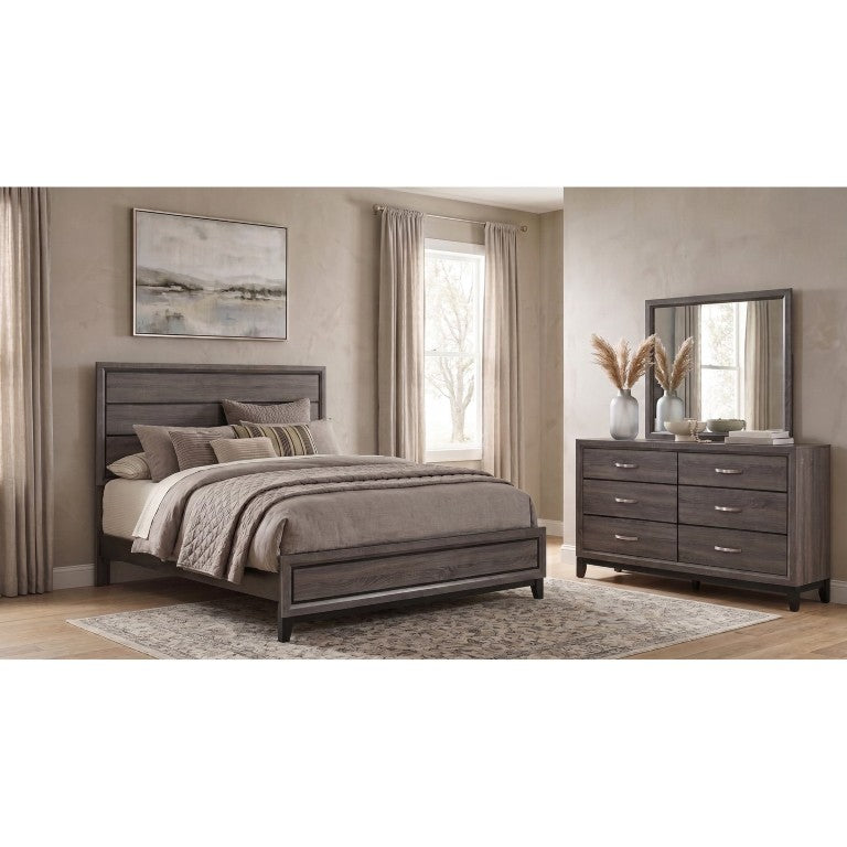 English Elm Sutter Grey Oak Panel Bed Set with Six Drawer Dresser for Modern Bedroom Suites B2777S00535