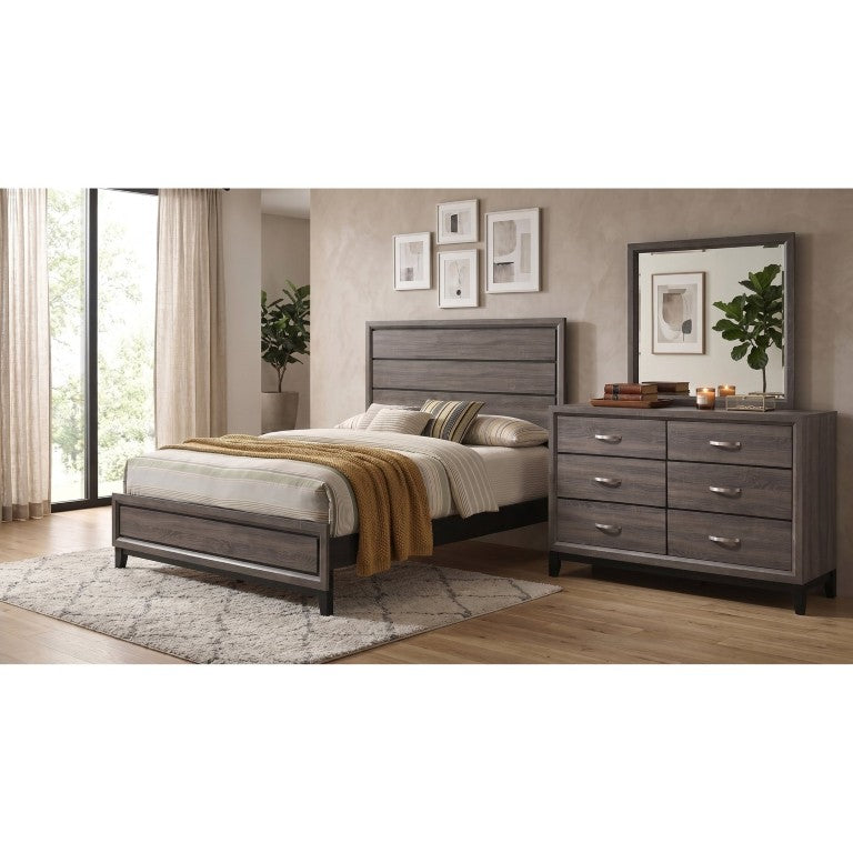 English Elm Sutter Grey Oak Panel Bed Set with Six Drawer Dresser for Modern Bedroom Suites B2777S00535