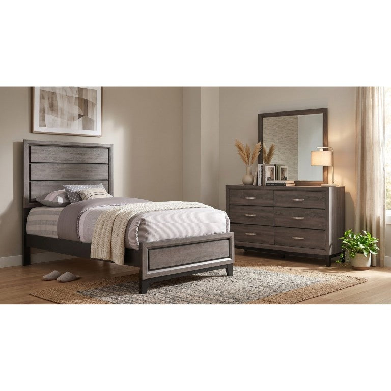 English Elm Sutter Grey Oak Twin Bedroom Set with Panel Bed Six-Drawer Dresser and Mirror B2777S00537