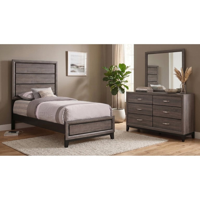 English Elm Sutter Grey Oak Twin Bedroom Set with Panel Bed Six-Drawer Dresser and Mirror B2777S00537