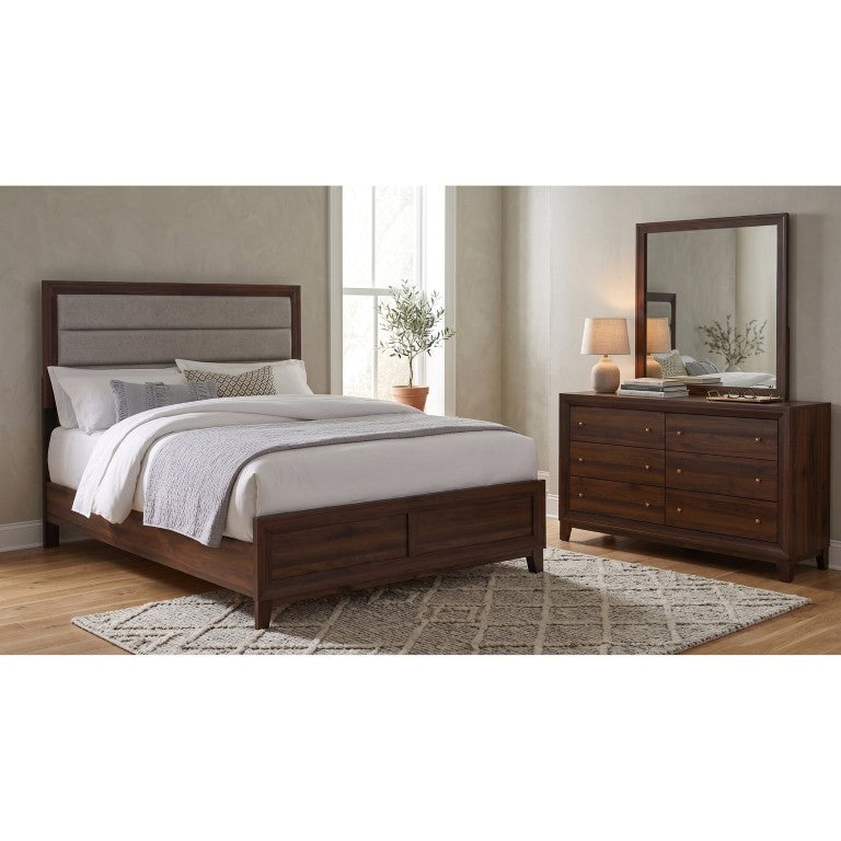 English Elm Ashworth Queen Bedroom Set Walnut Veneer Upholstered Bed Dresser and Mirror Included B2777S00538