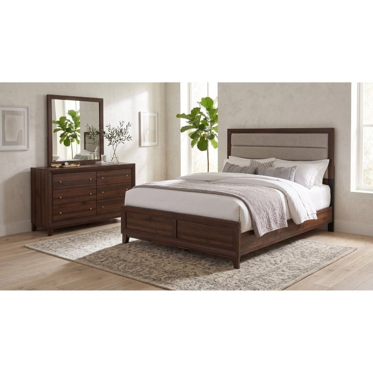 English Elm Ashworth Queen Bedroom Set Walnut Veneer Upholstered Bed Dresser and Mirror Included B2777S00538