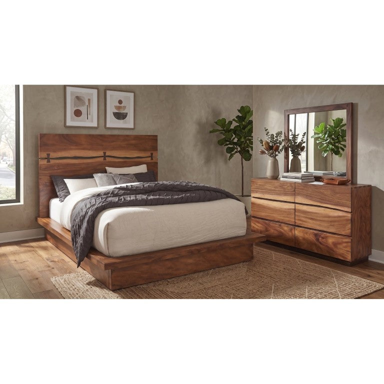 English Elm Ashcombe Smoky Walnut King Bedroom Set with Live Edge Headboard and Six Drawer Dresser B2777S00540